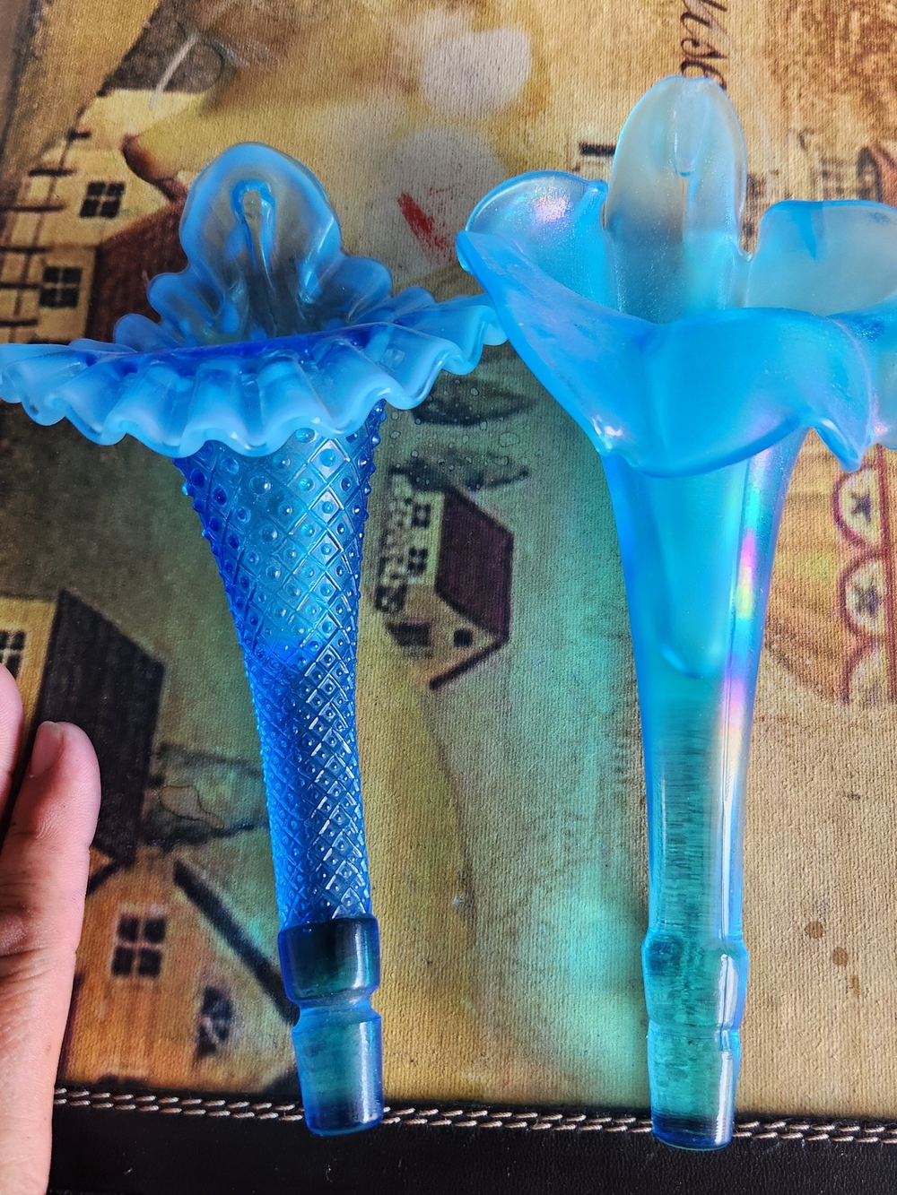 Iridescent Blue Glass Epergne-Style Vase Pair